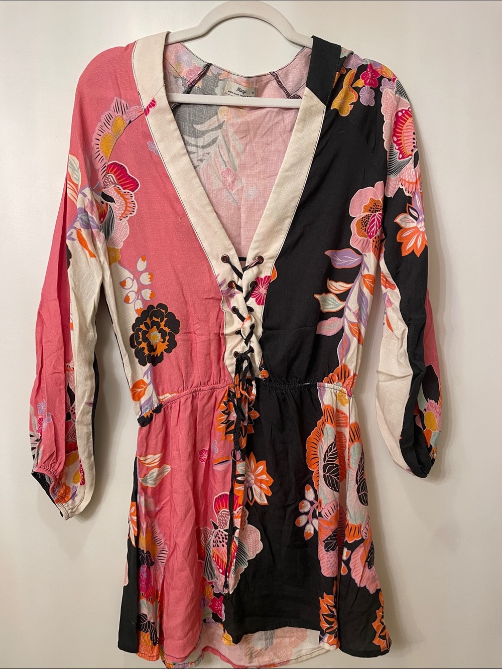 Maaji Pink and Black Floral Lace-Up V-Neck Mini Dress